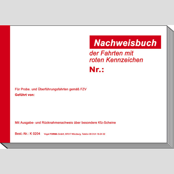 Nachweisbuch für Fahrten mit rotem Kennzeichen für 180 Eintragungen