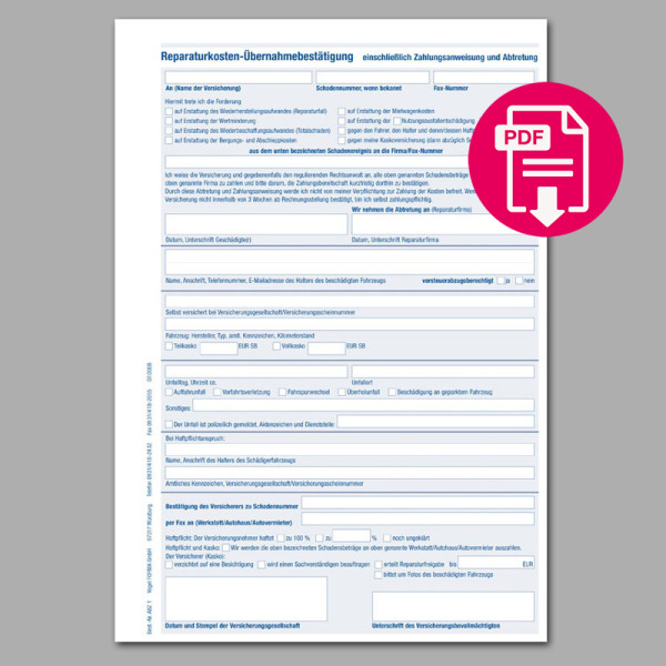 Reparaturkosten- Übernahmebestätigung einschl. Zahlungsanweisung und Abtretung (digitales Formular)