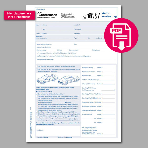Automietvertrag inkl. Rechnungslegung (digitales Formular) mit Firmeneindruck