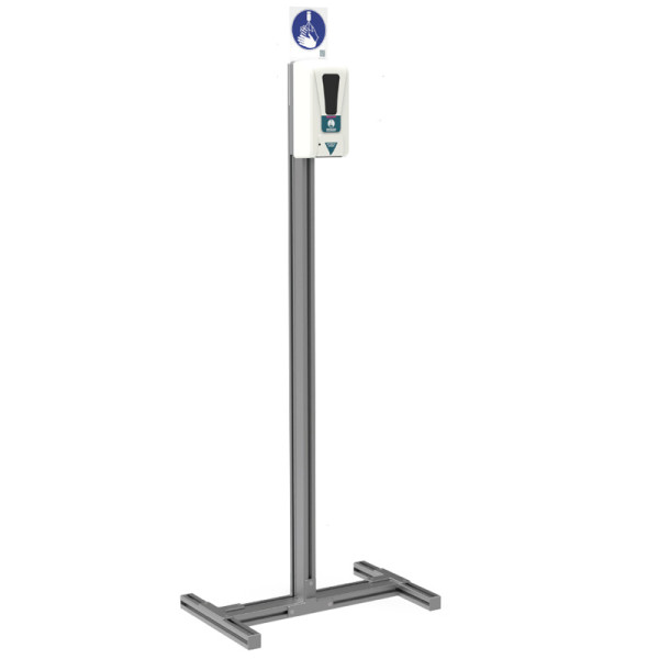 Mobiler Aluprofil-Ständer mit Sensor-Spender und Hygiene-Tafel