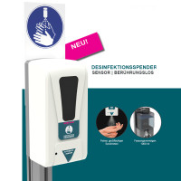 Mobiler Aluprofil-Ständer mit Sensor-Spender und Hygiene-Tafel