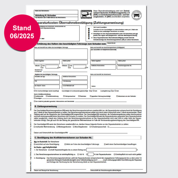 Reparaturkosten- Übernahmebestätigung Stand 06/25, 25 Stück/Block, ohne Firmeneindruck